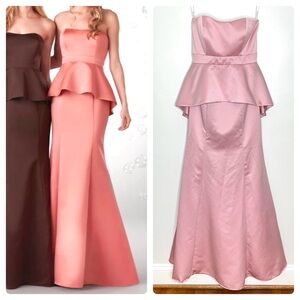 Bari Jay Jolie Satin Strapless Peplum Maxi Gown Bridesmaid Dress In Pink Size 8